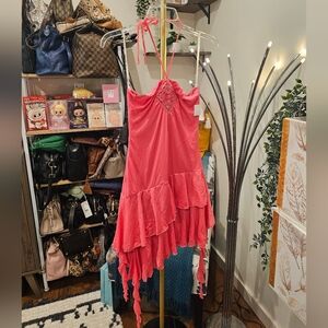 Vintage Pink Halter Dress with Asymmetrical Hem